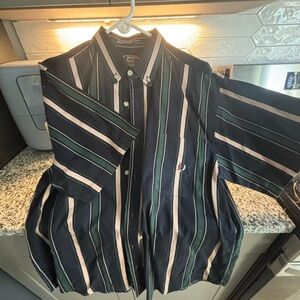 Casual Button Down Striped Shirt - Navy and Green
